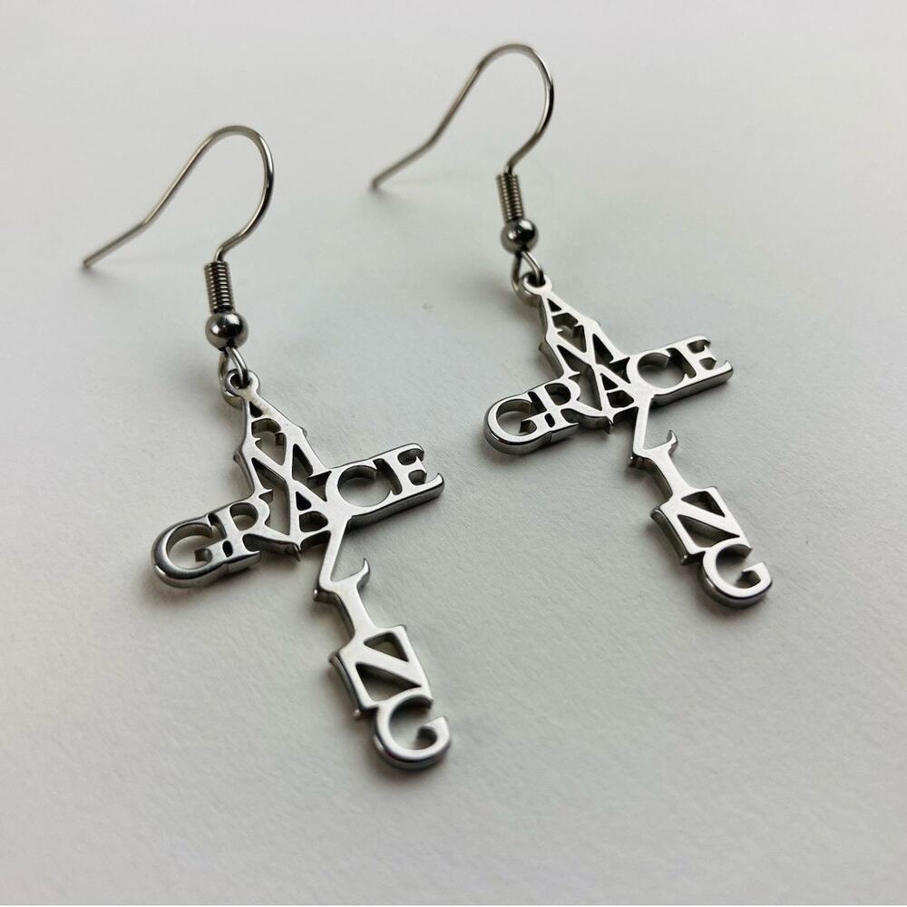 Cross Earrings Amazing Grace Silver Stainless Steel Christian Hymn Words Religio